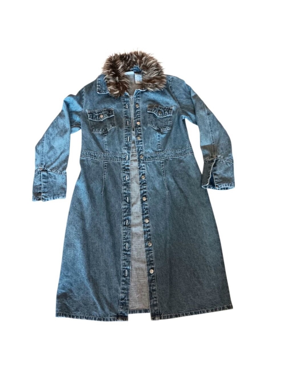 Vintage Denim Long Jacket Coat Removable Faux Fur Collar Faded Glory Size M Y2K